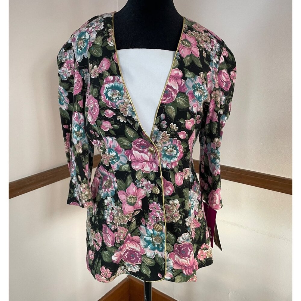 Vintage 80s Long Floral Blazer 3/4 Sleeve Women 10 Gold Accents NWT Goth Office